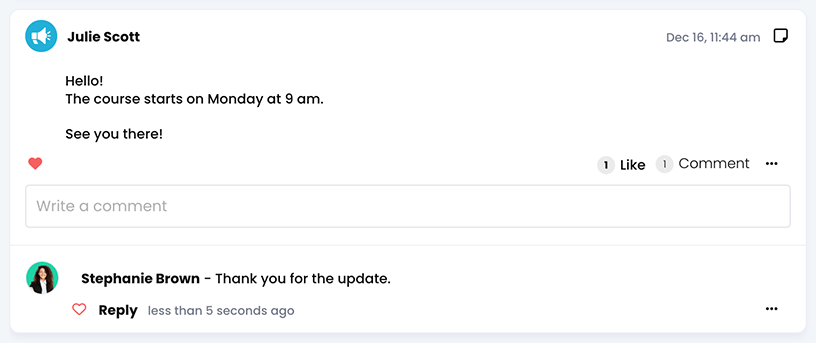 News feed Like, comment, and reply sections 