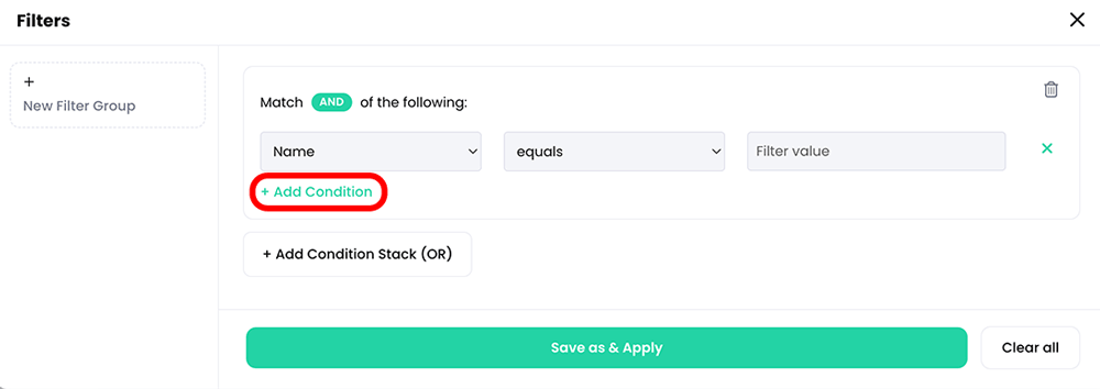 Conditional filter pop-up with the Add Condition button highlighted