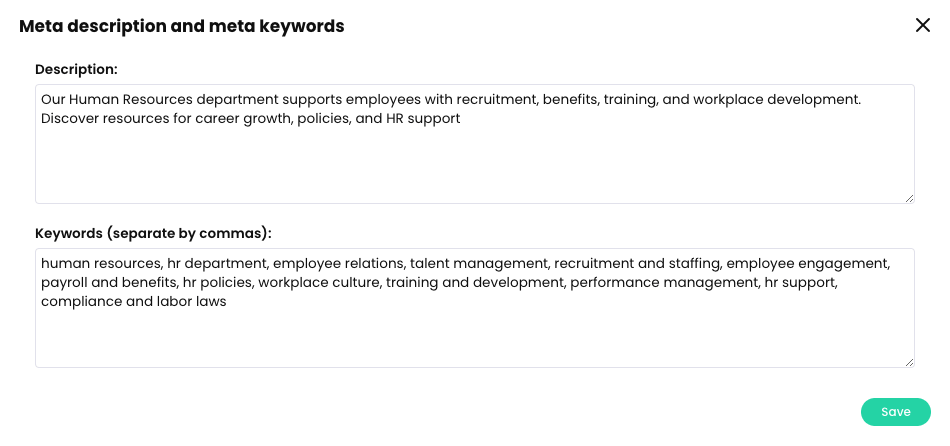 The Meta description and meta keywords pop-up with a sample description and keywords listed