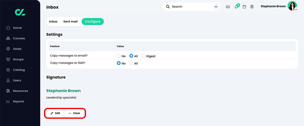 Inbox, Configure page with the Edit and Delete signature buttons highlighted