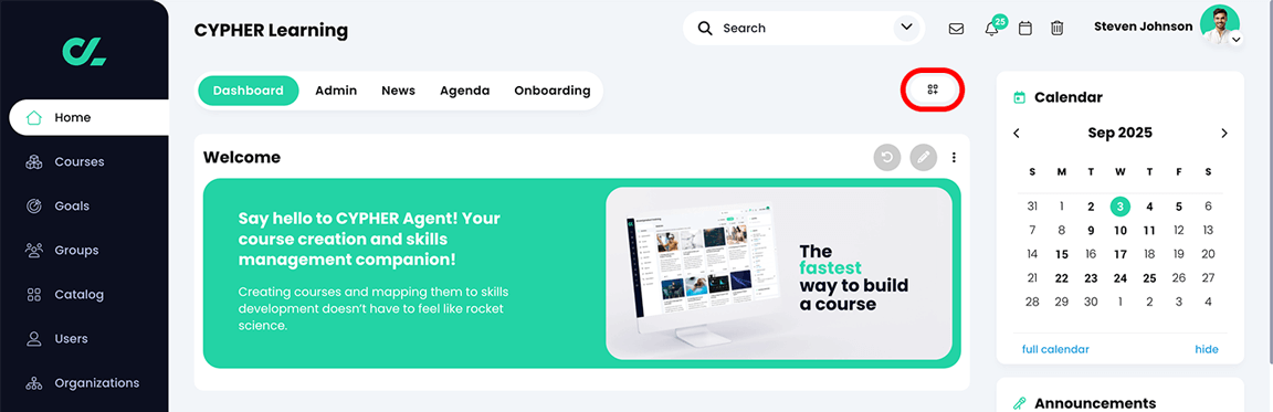 Home dashboard with the Edit widgets icon highlighted