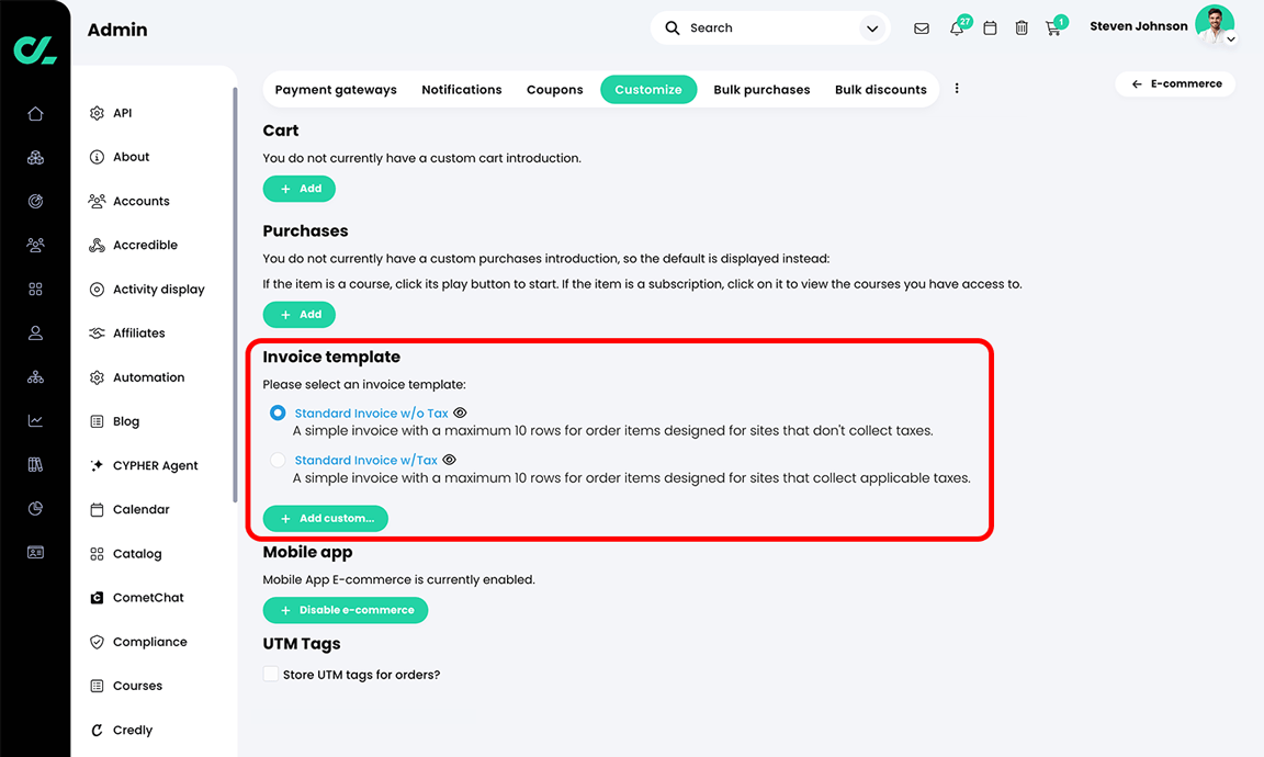 Admin, E-commerce, Customize tab with the Invoice template section highlighted