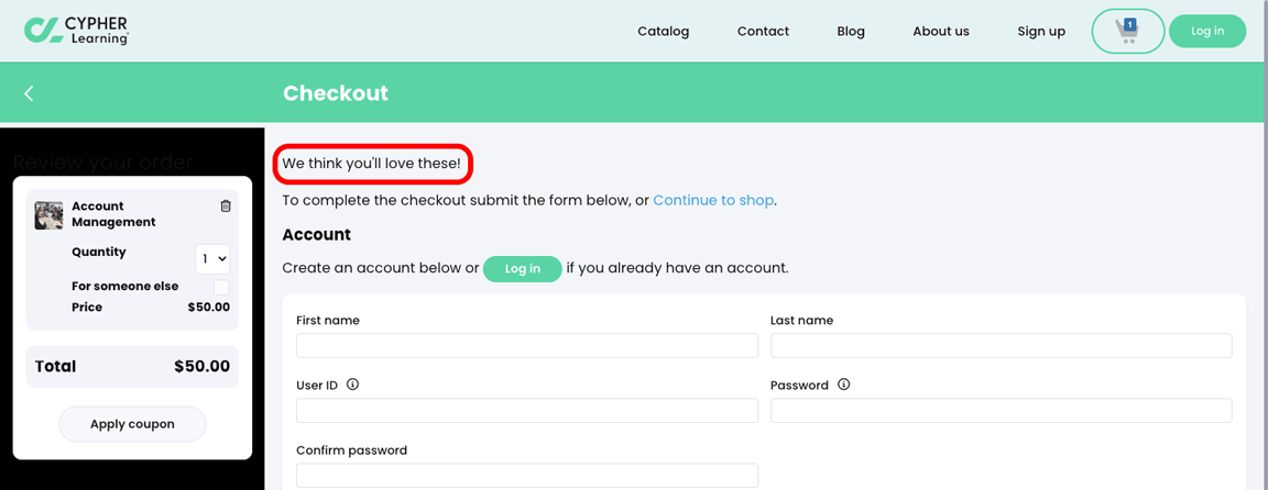 Visitor view, Catalog, Checkout page with the cart introduction text highlighted