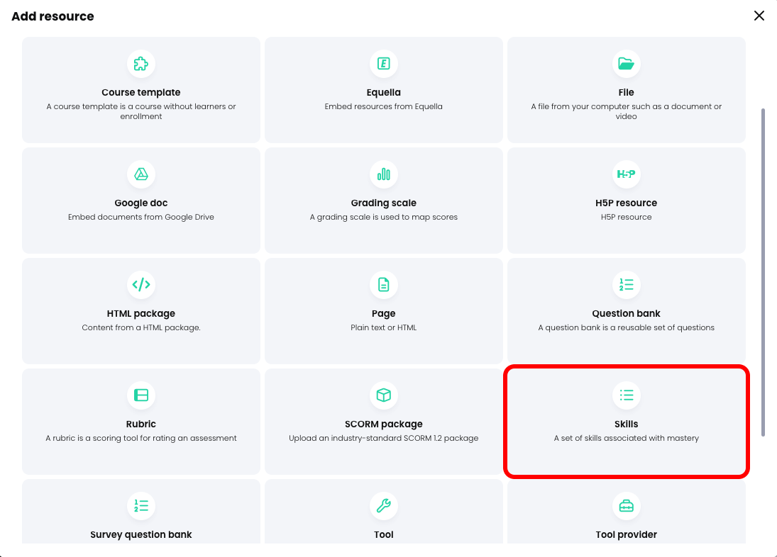Add resource pop-up with Skills highlighted