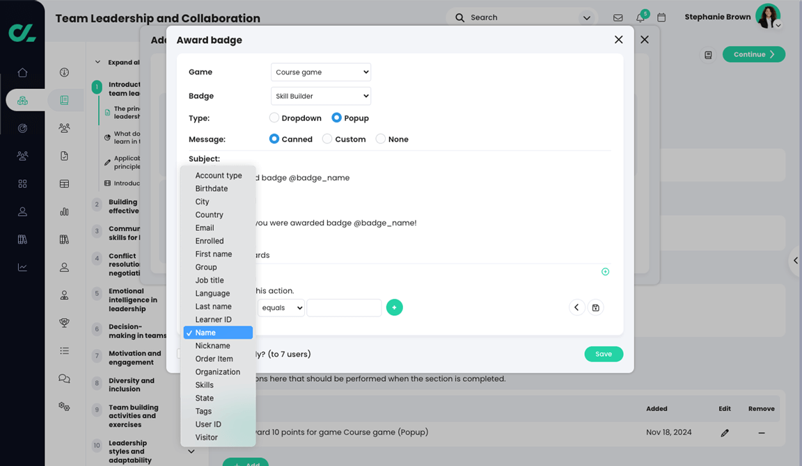 Award badge pop-up with the first filter drop-down menu active