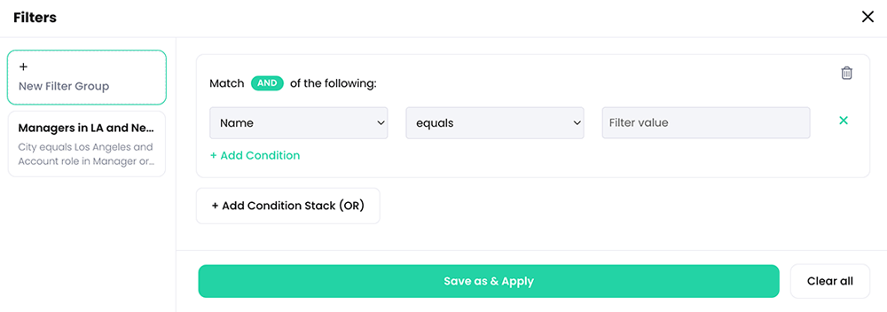 Conditional filter pop-up with a saved filter in the left column