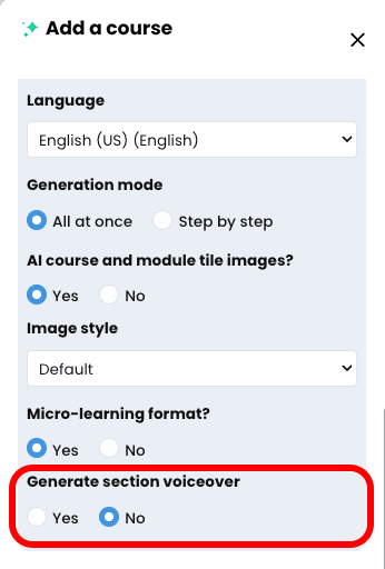 CYPHER Agent menu, General tab with Generate section voiceover section highlighted