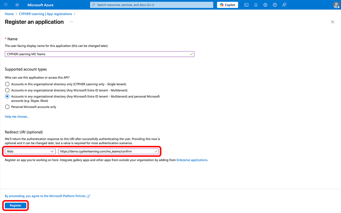 Azure portal, Register an application page with the Redirect URI dropdown menus and the Register button highlighted