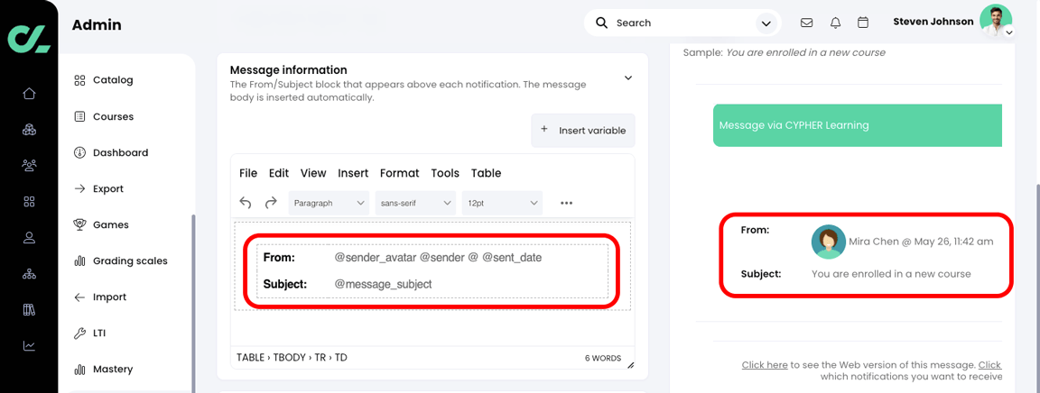 Admin, Messages, Template tab with the Message information highlighted in the editor and the Preview