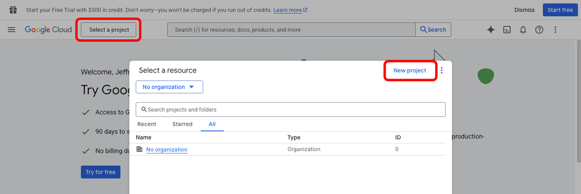 Google Cloud Console, Select a resource pop-up with the New project button highlighted