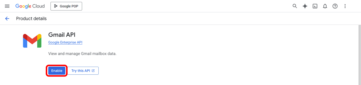 Gmail API screen with the Enable button highlighted