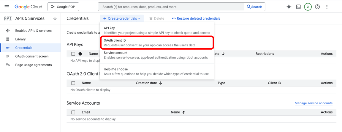 Google Cloud Console, APIs & Services, Credentials page with OAuth client ID highlighted on the Create credential drop-down menu