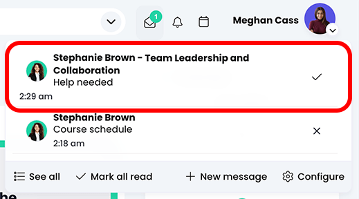 Message pop-up showing a message that includes the name of the course it was sent from