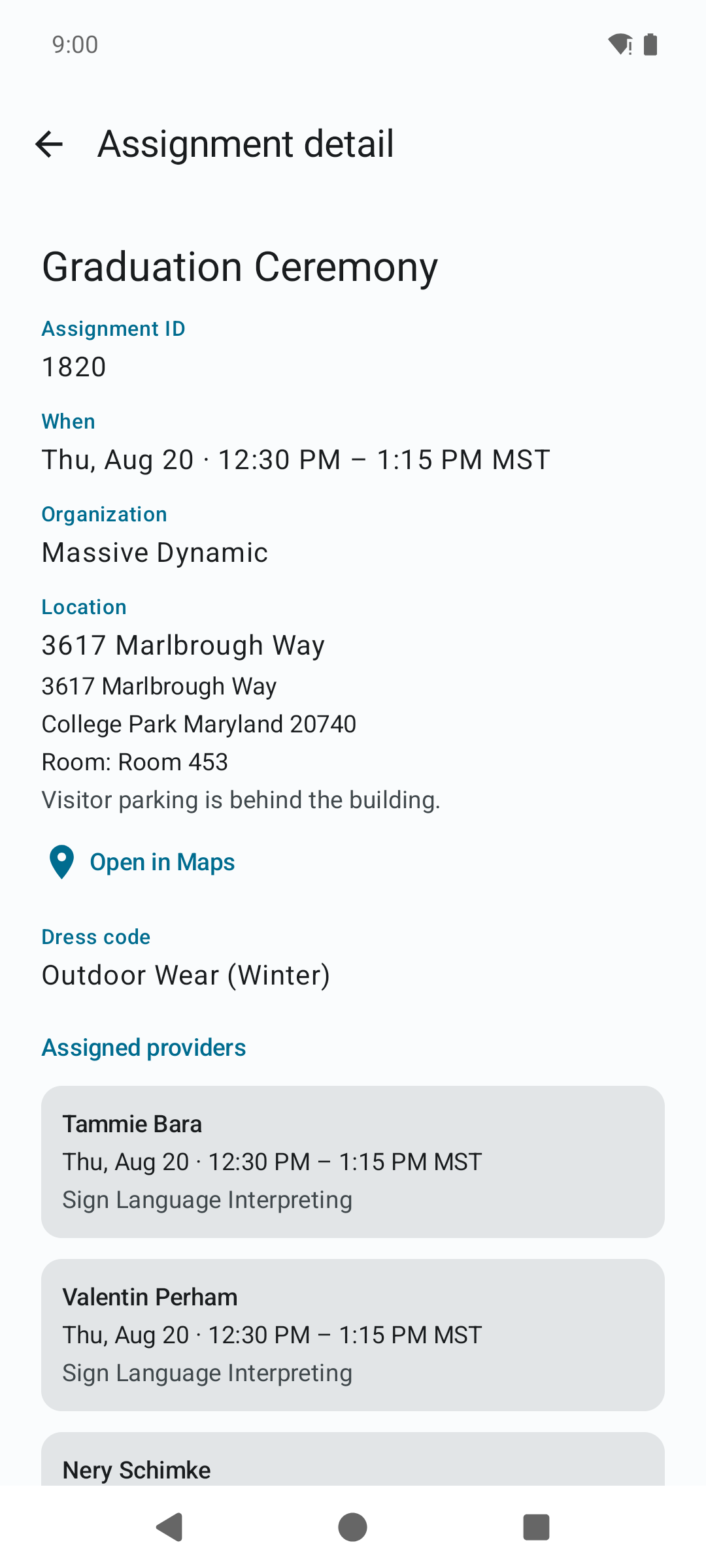 Assignment detail screen showing the event name, assignment ID, date and time, organization, location address with an Open in Maps link, and dress code.