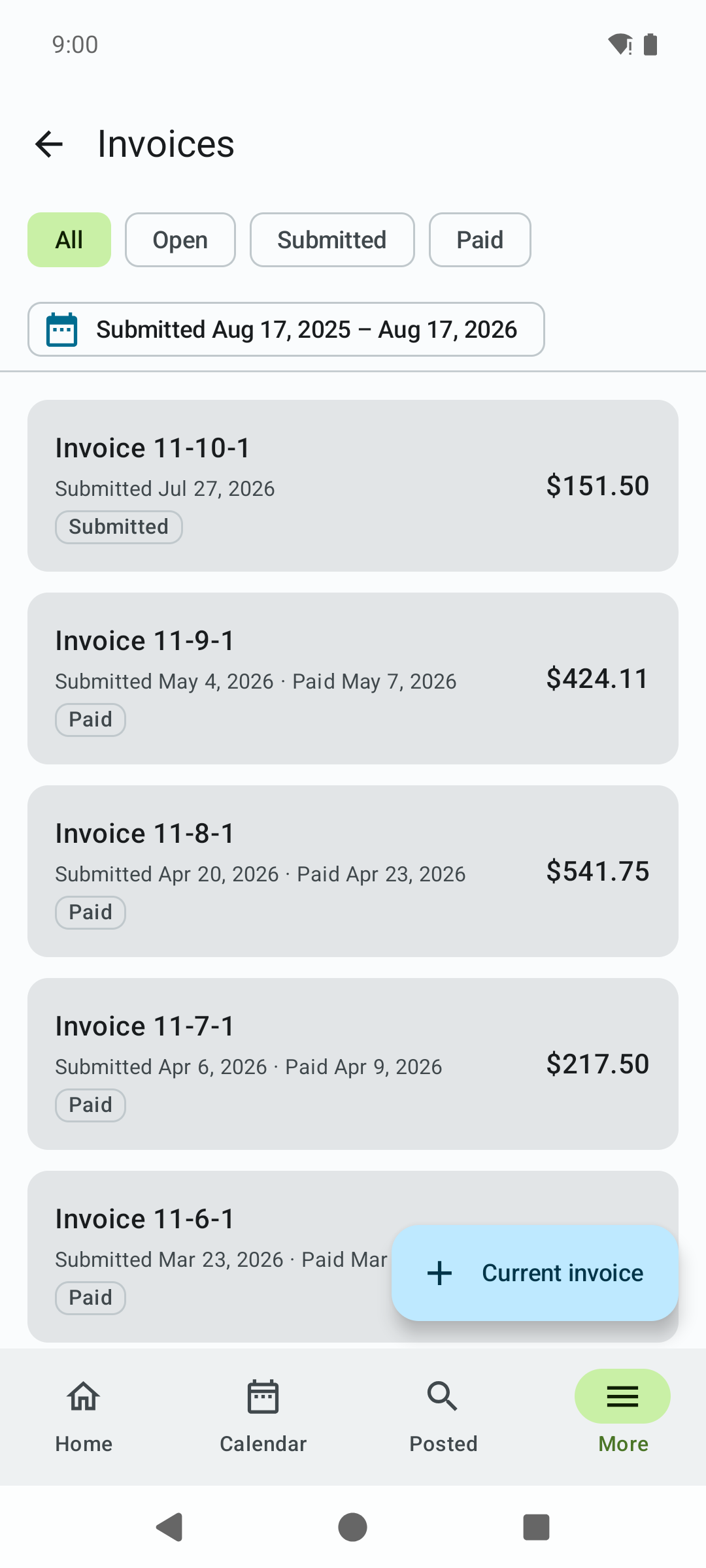 The Invoices list with filter chips All, Open, Submitted, and Paid, invoices showing status chips and totals, and a Current invoice button.