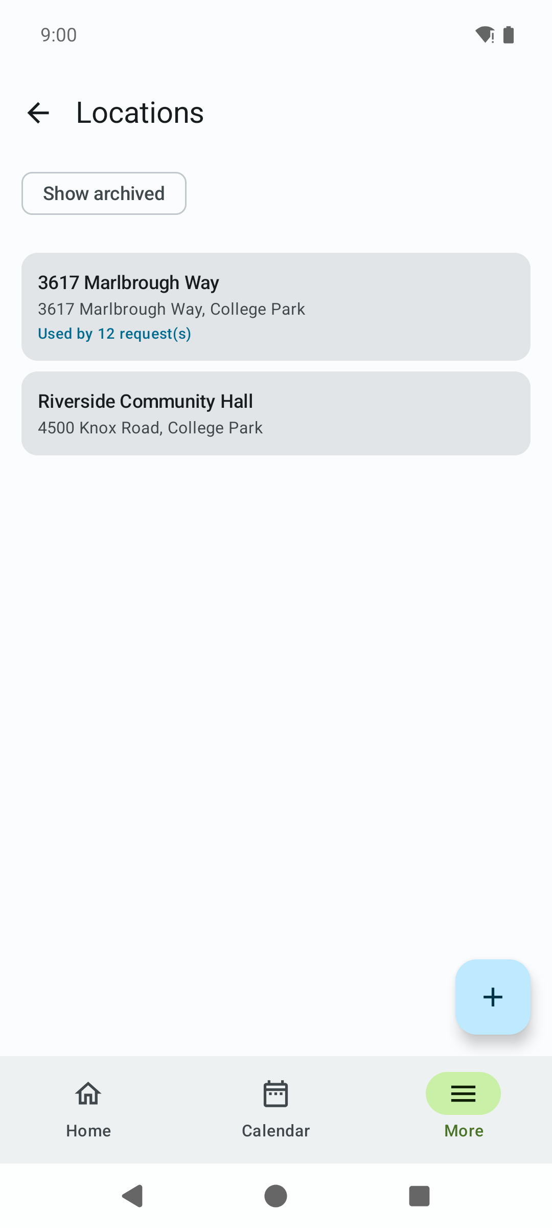 The Locations list showing saved locations with addresses and captions counting how many requests use each one, plus an add button.