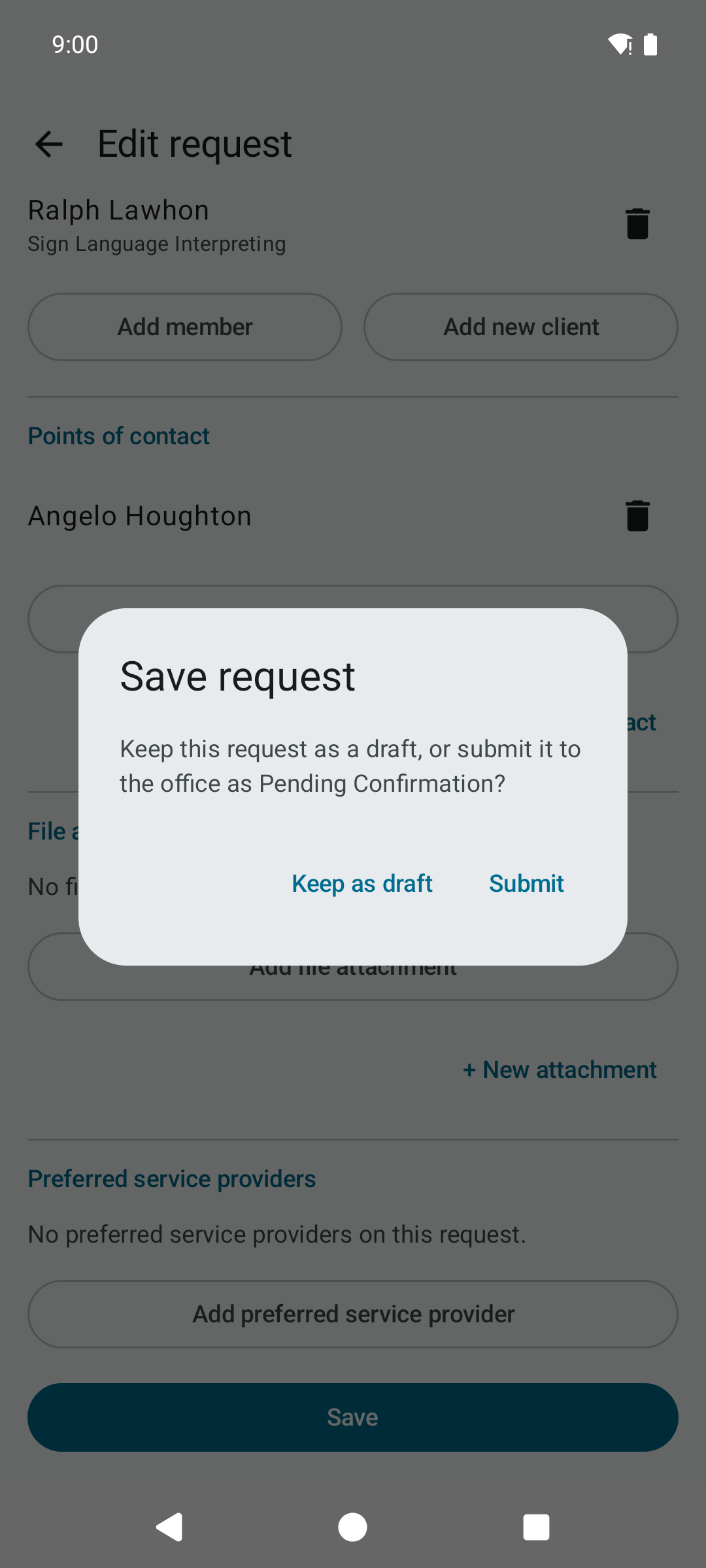 A dialog asking whether to keep the request as a draft or submit it to the scheduling office, with Keep as draft and Submit buttons.