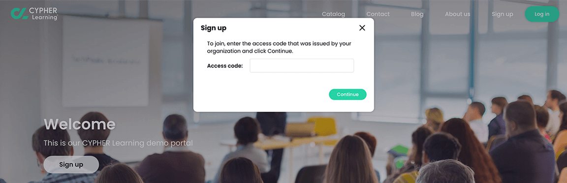 Portal visitor view, Sign up pop-up example