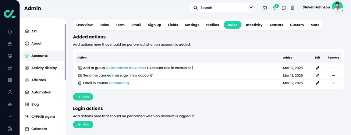 Admin, Accounts, Rules tab