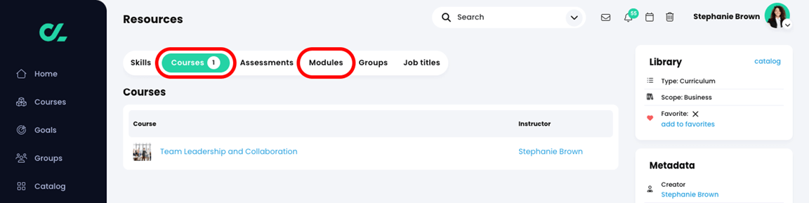 Resources, Individual skill, Courses tab with the Courses and Modules tabs highlighted