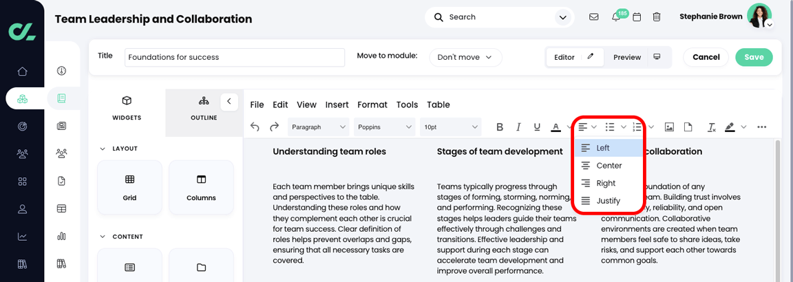 Course, Module, Edit section with the Alignment menu active and highlighted