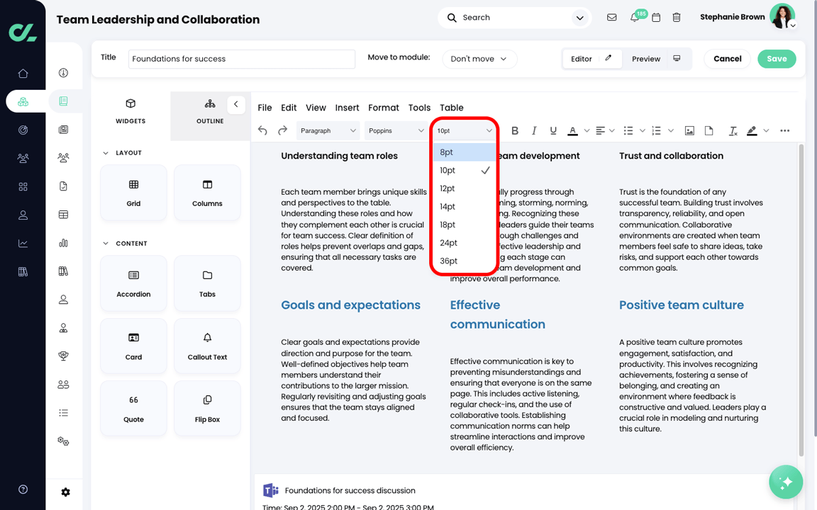 Course, Module, Edit section with the Font size menu active and highlighted