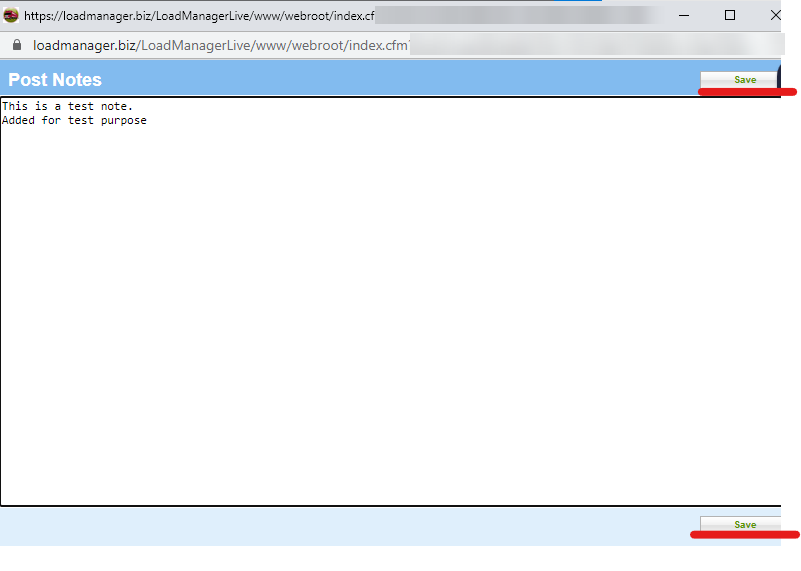 Personal note popup window in Load Manager