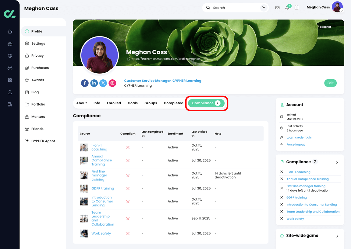Learner profile page, Compliance tab with the Compliance tab highlighted