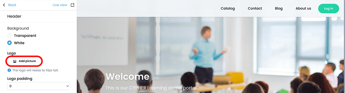 Portal visual editor, Header menu with the Add picture button highlighted in the Logo section