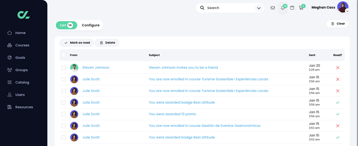Notifications, List page showing Mark as read, Delete, and Clear buttons