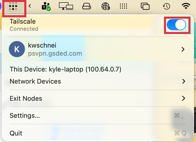image of Tailscale client activation slider