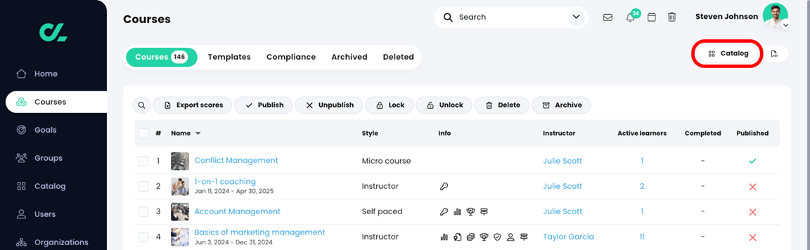 Courses, Courses list with the Catalog button highlighted