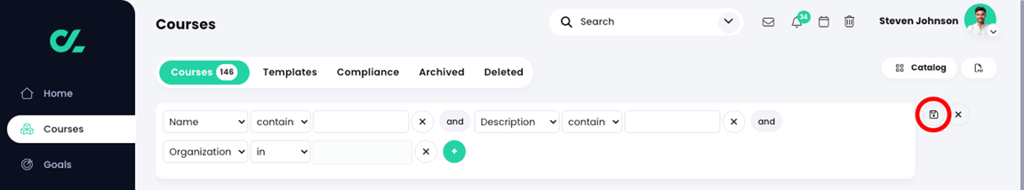 Courses, Courses tab with three filters and the save icon highlighted 