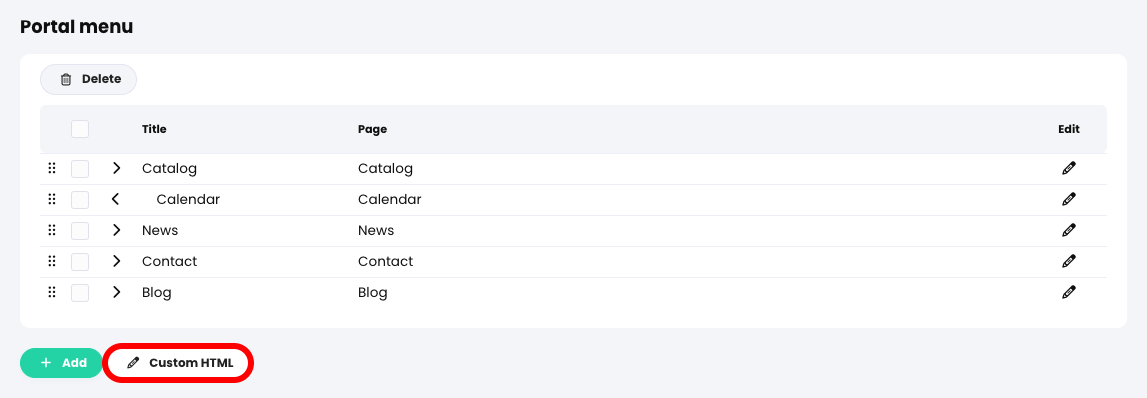Organizations, Admin, Portal tab, Portal menu section with the Custom HTML button highlighted