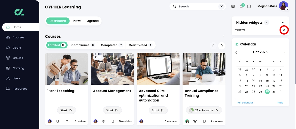 Learner home page dashboard, with the Expand icon highlighted in the Hidden widgets widget in the right panel