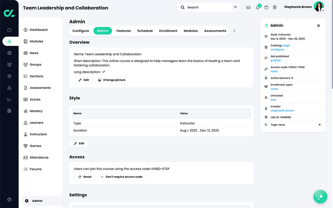 Course, Admin, Basics tab