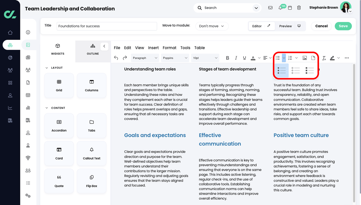 Course, Module, Edit section with the Bulleted List menu active and highlighted