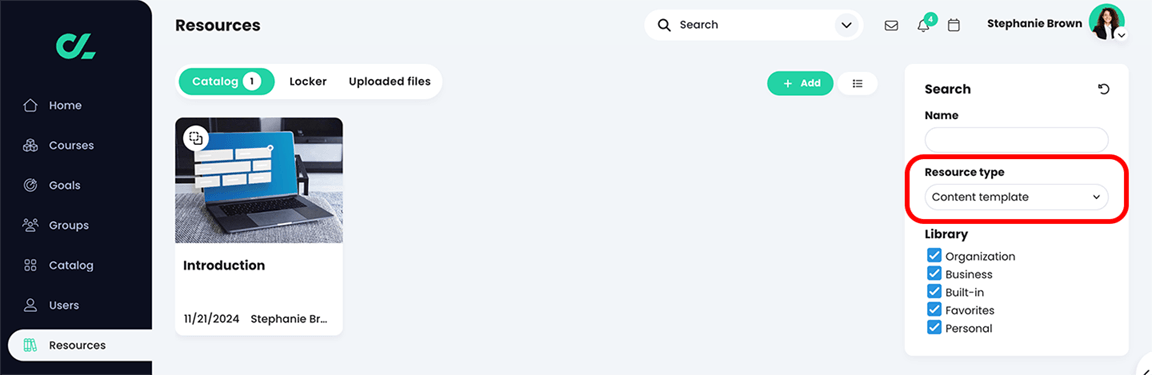 Resources, Catalog page with the Resource type section highlighted in the Search panel