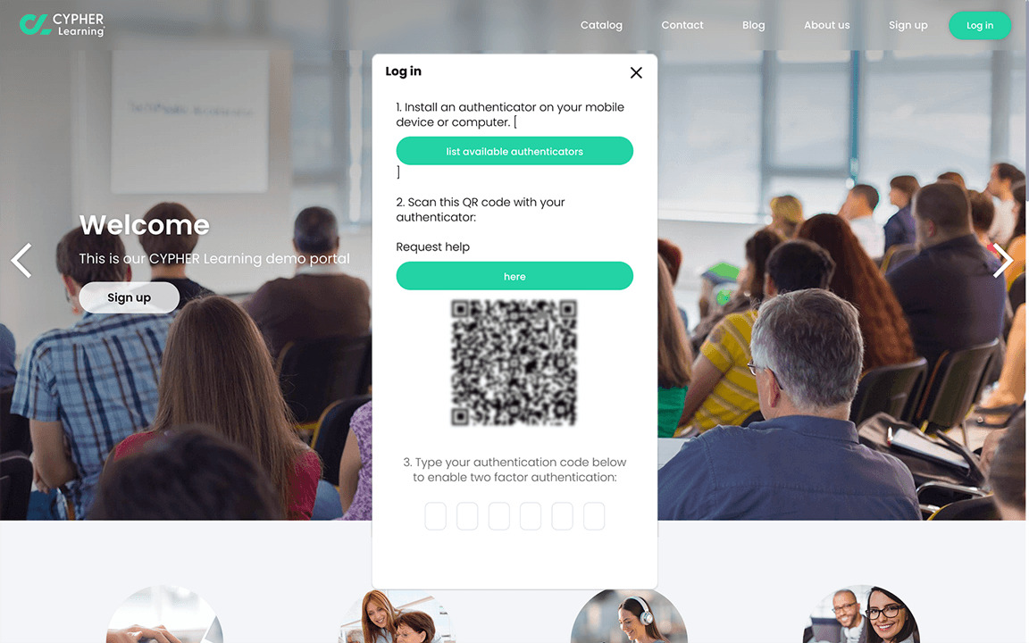 Visitor portal, Log in pop-up with 2FA instructions and QR Code