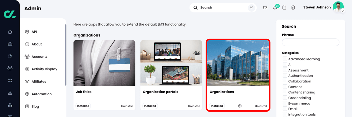Admin, App center with the Organizations app tile highlighted in the Organizations section