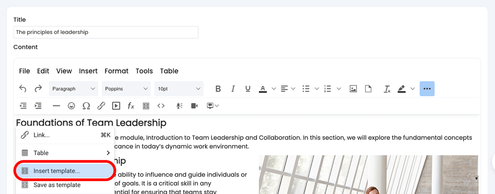 Course, Module, Edit section with Insert template highlighted on the right mouse click menu