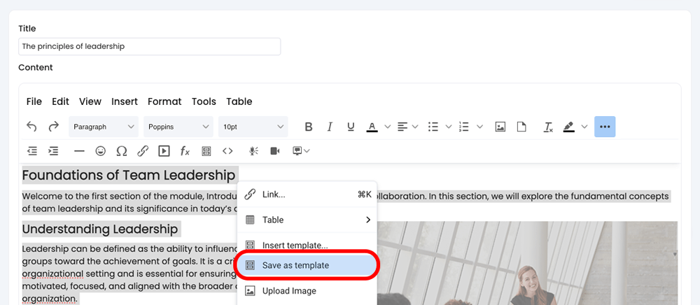 Course, Module, Edit section with text and an image selected, with Save as template highlighted on the right mouse click menu