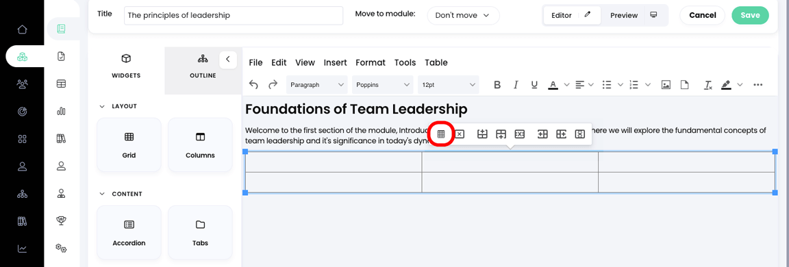 Course, Module, Edit section with a table selected and the Table properties icon highlighted