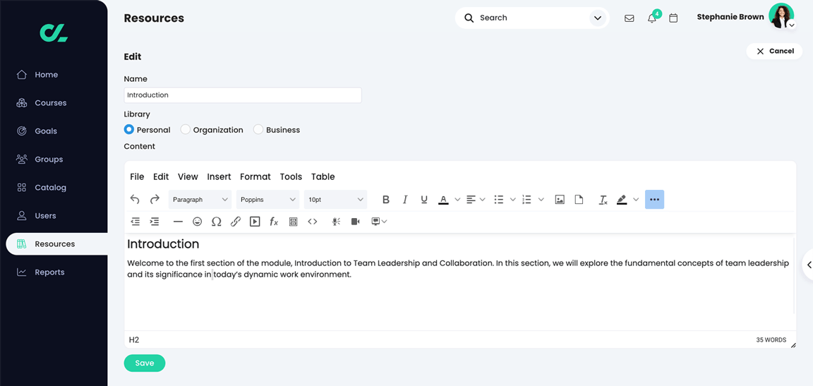 Resources, Edit content template screen