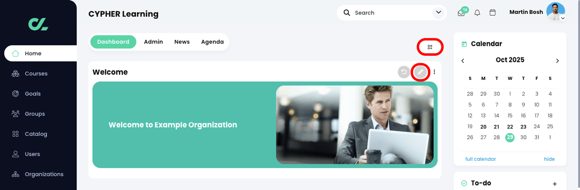 Organization admin perspective of the home dashboard with the Edit widgets button and Edit button on the carousel highlighted