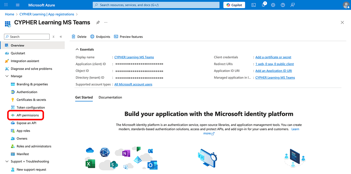 Azure portal with the API permissions button highlighted on the left menu