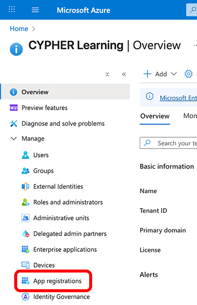 Azure portal, Left menu with the Manage menu active and App registrations highlighted