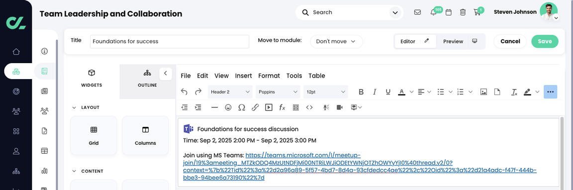 Course, module, section a Microsoft Teams meeting added to the section in Edit mode