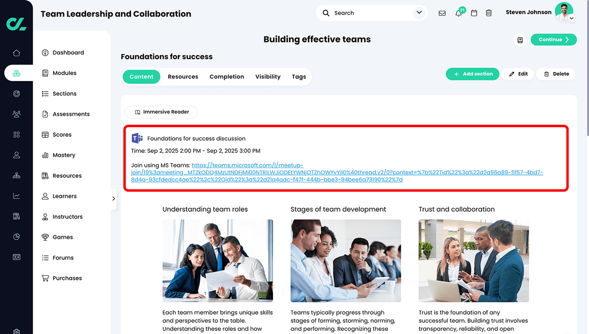 Course, module, section a Microsoft Teams meeting added to the section
