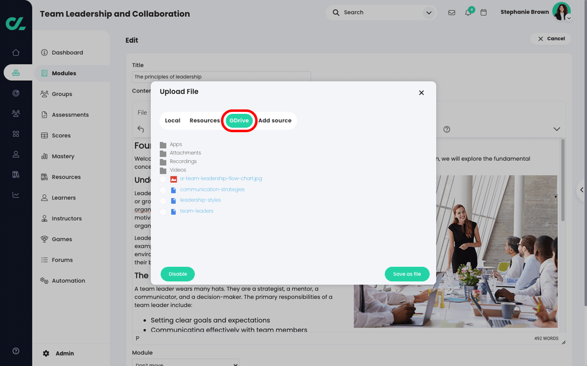 Upload file pop-up showing a tab listing Google Drive files